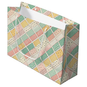 Retro Mustard Geometric Diamond Plaid Dot Large Gift Bag