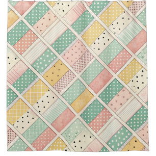 Retro Mustard Geometric Diamond Plaid Dot Shower Curtain