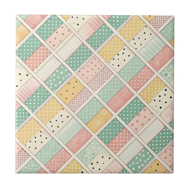 Retro Mustard Geometric Diamond Plaid Dot Tile (Front)