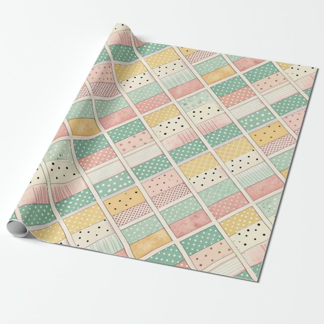 Retro Mustard Geometric Diamond Plaid Dot Wrapping Paper (Unrolled)