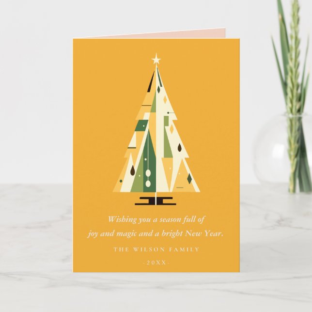 Retro Mustard Green Christmas Tree Business Logo Holiday Card (Front)