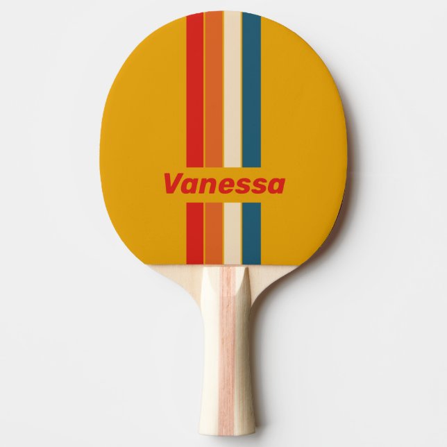 Retro Mustard Pin Striped with Name Ping Pong Paddle (Front)