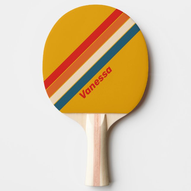 Retro Mustard Striped with Name Ping Pong Paddle (Front)