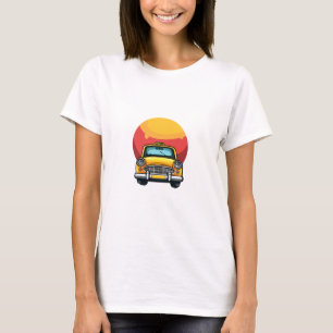 Retro Mustard Yellow Taxi on Fiery Sun Art Print T-Shirt