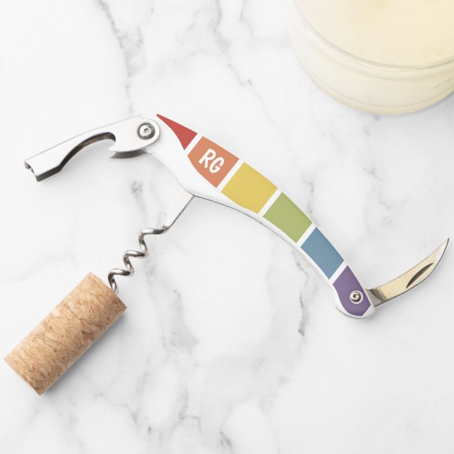 Retro Muted Colour Rainbow Personalised Corkscrew (Front)
