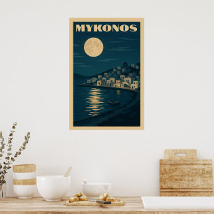 Retro Mykonos Moon Vintage Art Deco Style Travel Poster