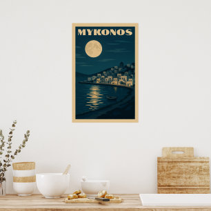 Retro Mykonos Moon Vintage Art Deco Style Travel Poster