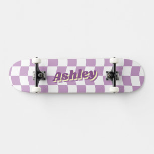 Retro Name Girly Purple White Chequered Pattern Skateboard
