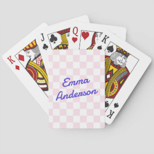 Retro name light pink white checkerboard pattern playing cards