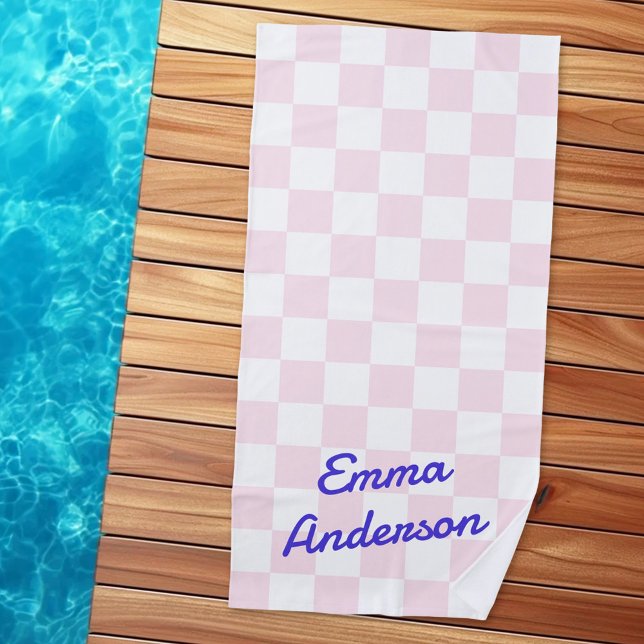 Retro name light pink white chequerboard pattern beach towel (Retro name light pink white checkerboard pattern beach towel)