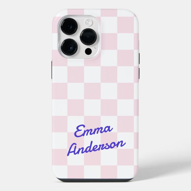 Retro name light pink white chequerboard pattern iPhone case (Back)