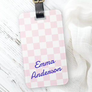 Retro name light pink white chequerboard pattern luggage tag