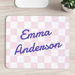 Retro name light pink white chequerboard pattern mouse mat<br><div class="desc">Mousepad featuring your name in blue a blue,  retro style font over a pale pink and white chequerboard pattern.</div>