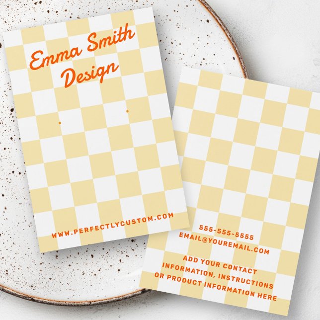 Retro name pale yellow white checkers earring card (Retro name pale yellow white checkers earring card)