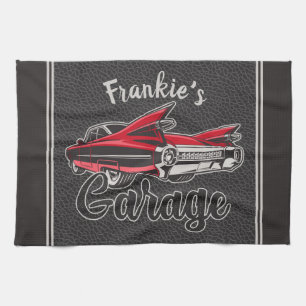 Retro NAME Red Caddy Vintage Classic Car Garage Tea Towel