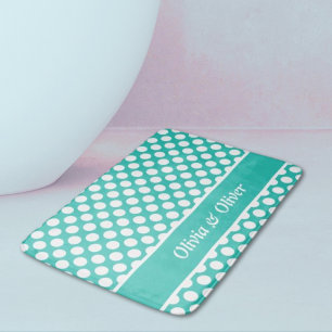 Retro Name Turquoise & White Polka Dot Pattern Bath Mat