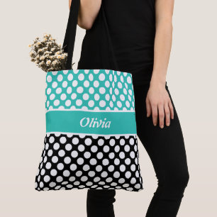 Retro Named Turquoise, Black & White Polka Dot Tote Bag