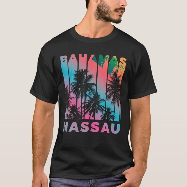 Retro Nassau Bahamas Beach Fan Palm Tree Cool Souv T-Shirt (Front)