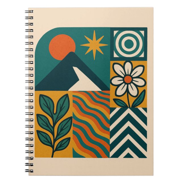 Retro Nature Abstract Art–Modern Geometric Floral Notebook (Front)