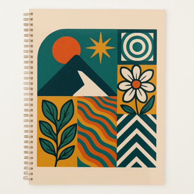 Retro Nature Abstract Art–Modern Geometric Floral Planner (Front)