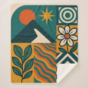 Retro Nature Abstract Art–Modern Geometric Floral Sherpa Blanket
