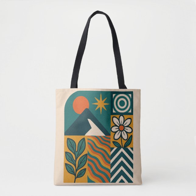 Retro Nature Abstract Art–Modern Geometric Floral Tote Bag (Front)