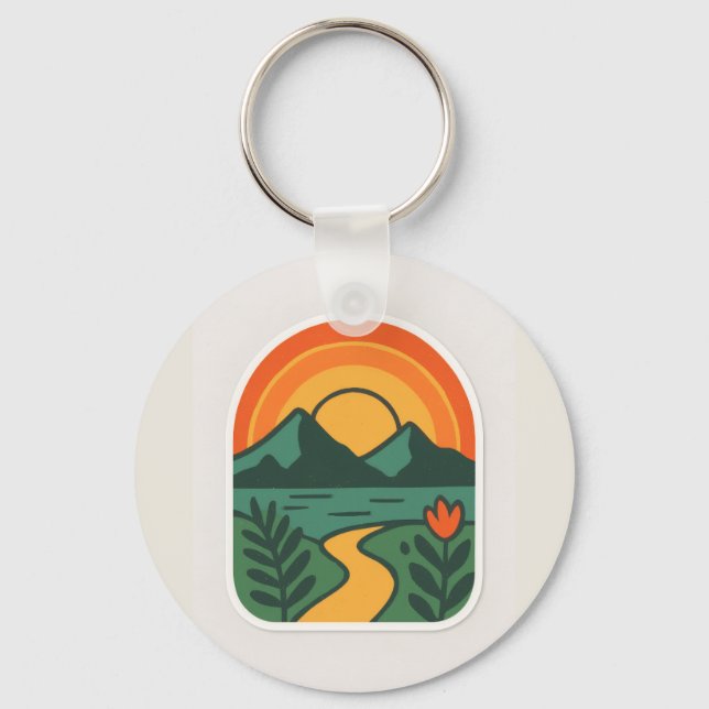 Retro Nature Sunset – Vintage Mountain Key Ring (Front)