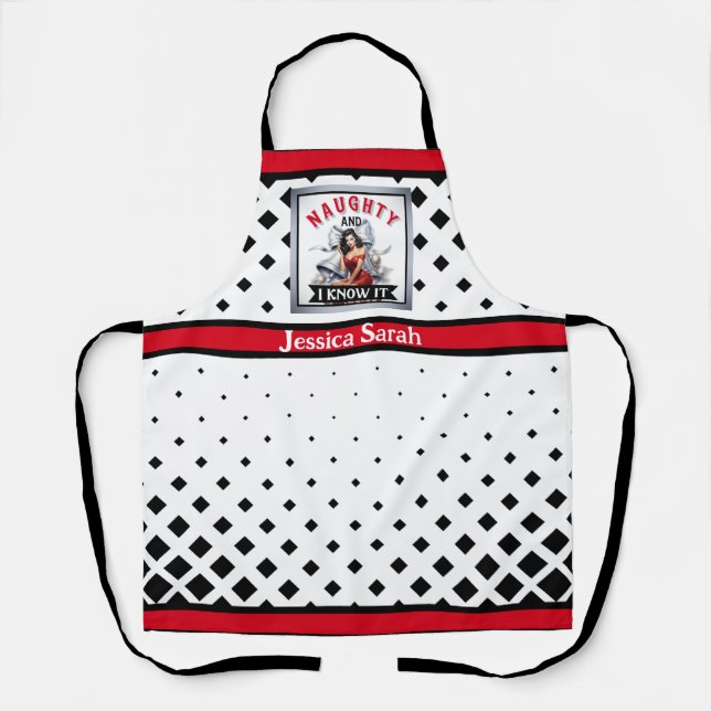 Retro Naughty and I Know It Christmas Pinup Apron (Front)