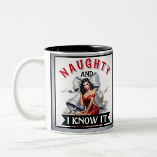Retro Naughty and I Know It Christmas Pinup Two-Tone Coffee Mug