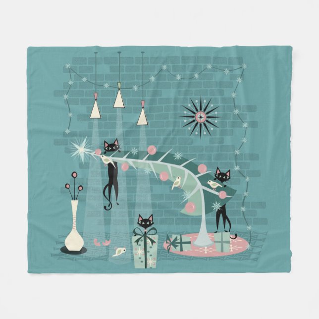 Retro Naughty Kitty Christmas Fleece Blanket (Front (Horizontal))