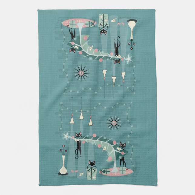 Retro Naughty Kitty Christmas ©️studioxtine Tea Towel (Vertical)