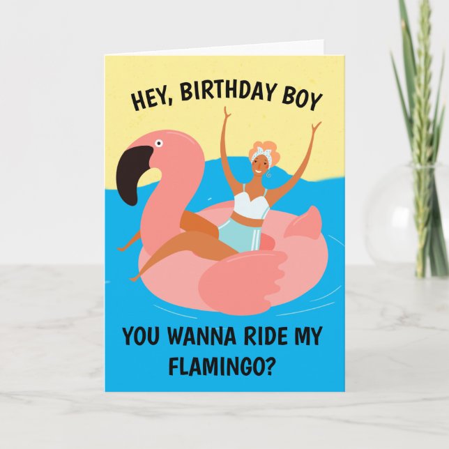 Retro Naughty Ride My Flamingo Adult Birthday Card (Front)