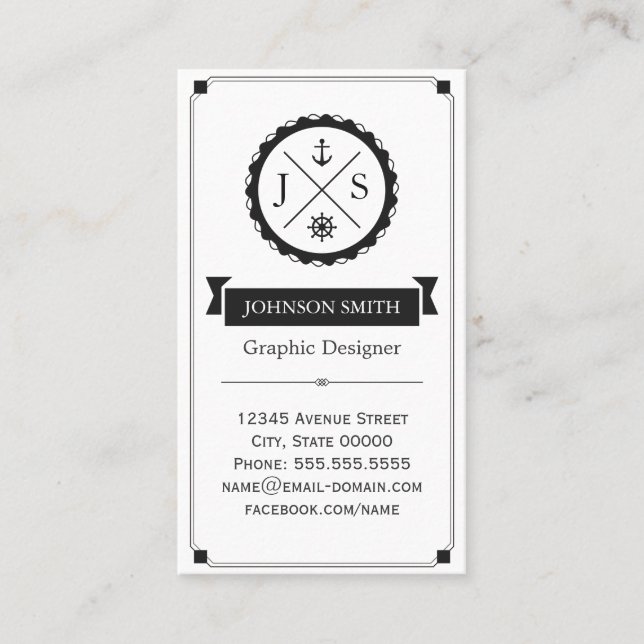 Retro Nautical Anchor Monogrammed Business Card (Front)