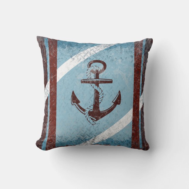 Retro Nautical Anchor Red Blue Grunge Distressed Cushion (Front)