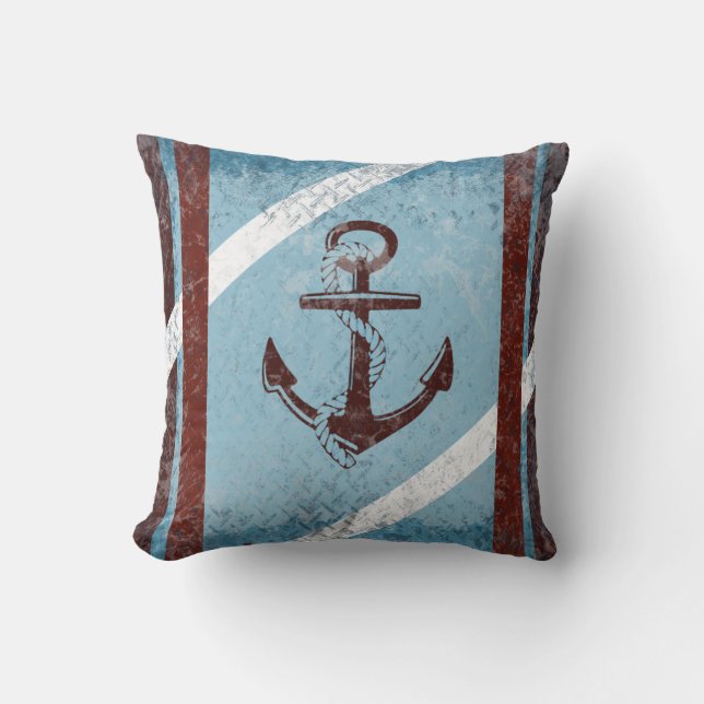 Retro Nautical Anchor Red Blue Grunge Throw Pillow (Front)