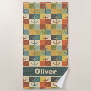 Retro Nautical Modern Anchor Pattern Beach Towel