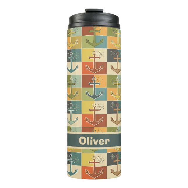 Retro Nautical Modern Anchor Pattern  Thermal Tumbler (Front)