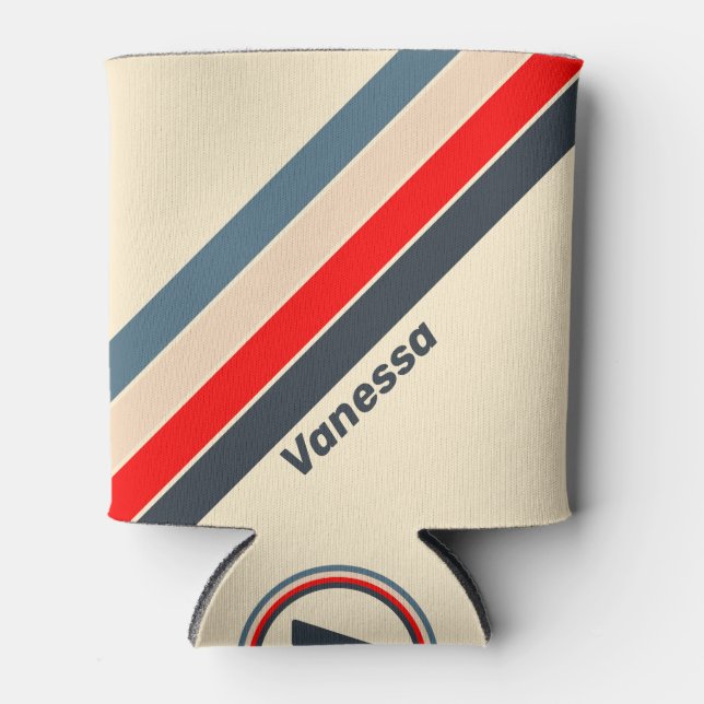 Retro Nautical Rainbow Striped with Name Can Cooler (Front)