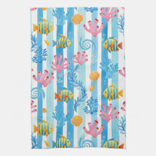 Retro Nautical Watercolor Pattern (11) Tea Towel