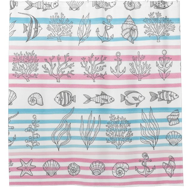 Retro Nautical Watercolor Pattern (12) Shower Curtain (Front)