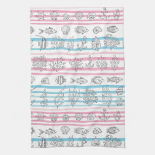 Retro Nautical Watercolor Pattern (12) Tea Towel