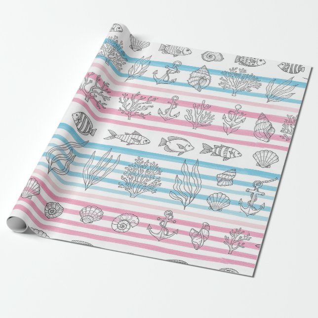 Retro Nautical Watercolor Pattern (12) Wrapping Paper (Unrolled)