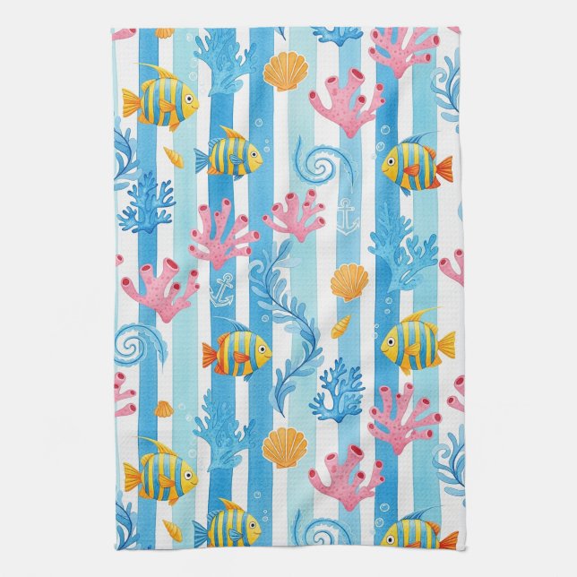 Retro Nautical Watercolor Pattern (14) Tea Towel (Vertical)