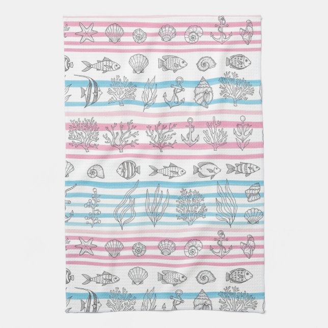 Retro Nautical Watercolor Pattern (15) Tea Towel (Vertical)