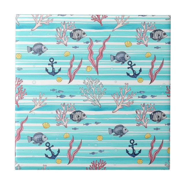 Retro Nautical Watercolor Pattern (15) Tile (Front)