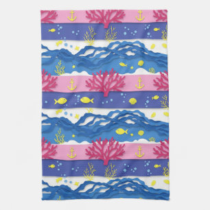 Retro Nautical Watercolor Pattern (16) Tea Towel