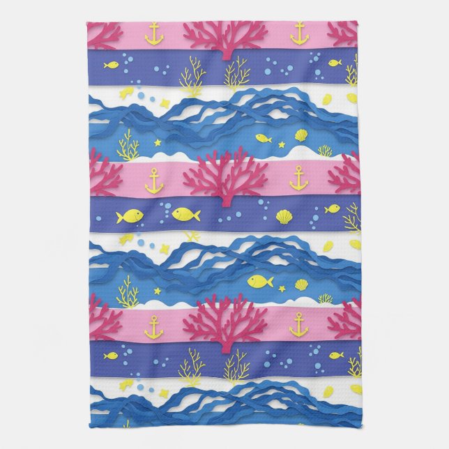 Retro Nautical Watercolor Pattern (16) Tea Towel (Vertical)