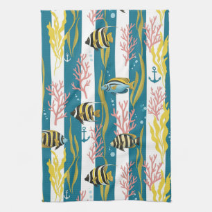 Retro Nautical Watercolor Pattern (17) Tea Towel