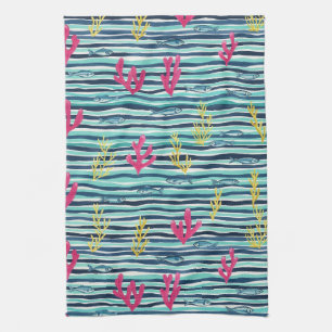 Retro Nautical Watercolor Pattern (1) Tea Towel