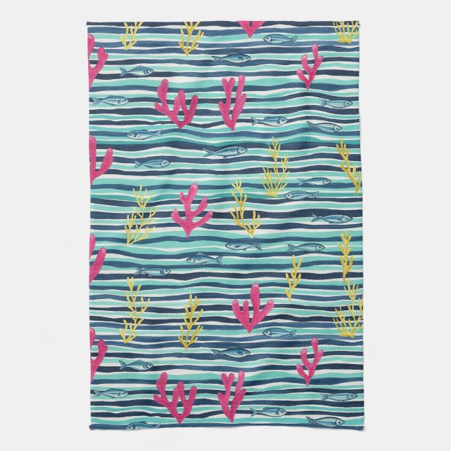Retro Nautical Watercolor Pattern (1) Tea Towel (Vertical)
